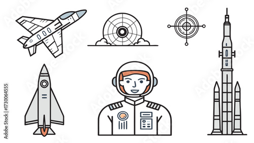 Space and Aviation Vector Icons – Jet, Radar, Rocket, Astronaut, Crosshair, Multi-Stage Launch Vehicle for Science and Technology



