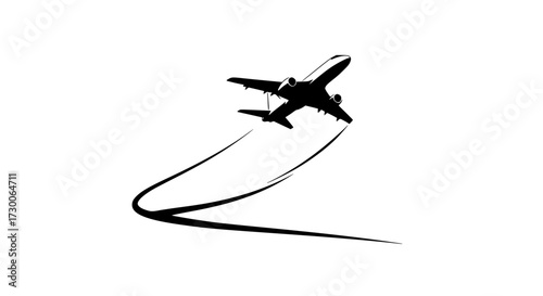 Vector art of a black silhouette of an airplane taking off, leaving a curved trail behind it, , symbolizing travel, aviation, and the beginning of a journey