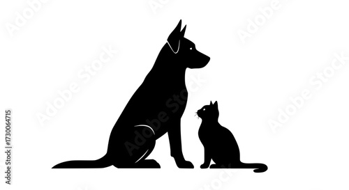 Vector art of a black silhouette of a dog and a cat sitting side by side, , representing companionship, pets, and the harmony between different animals