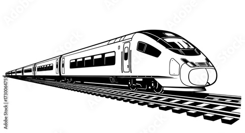 Vector art of a sleek, modern train speeding along the tracks, , showcasing its aerodynamic design and powerful presence as it travels towards its destination with speed