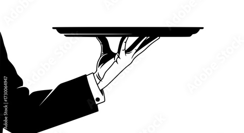 Vector art of elegant hand holding a tray a sophisticated illustration of a hand in a suit holding a serving tray, presented in black and white