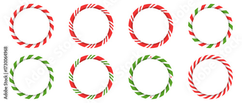 Christmas candy cane stripe border set. Red and green circle frames for holiday cards, banners, and winter design.