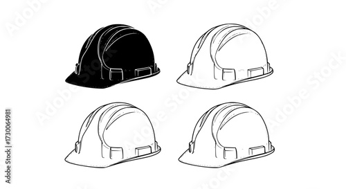 Vector art of hard hats in black and white a collection of construction helmets, showcasing both a solid black version and three white outlined variations
