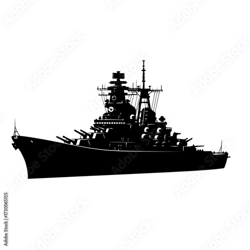 Vector art of a black silhouette of a battleship, , a symbol of naval power, military strength, and historical significance, representing maritime defense