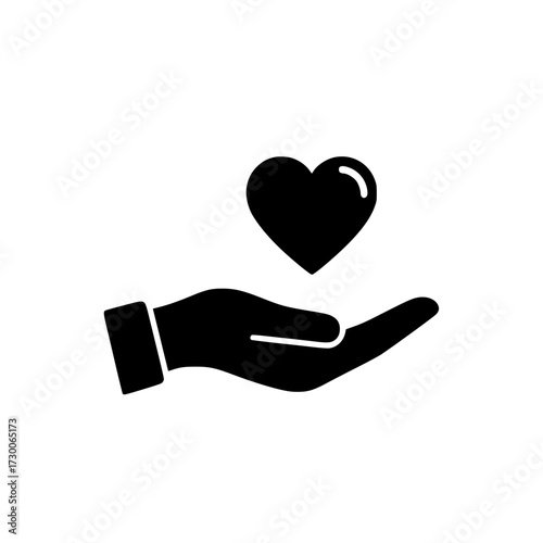 Vector art of a black silhouette of a hand holding a heart, , symbolizing love, care, and support, ideal for charitable campaigns and health awareness initiatives