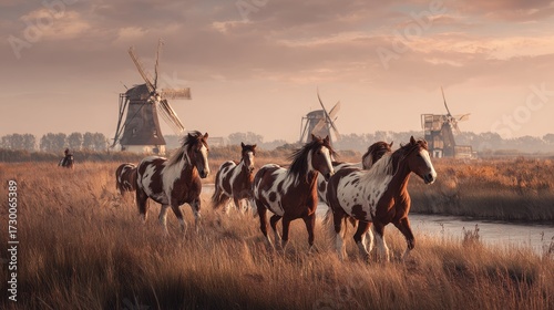 A Painterly Gallop of Pinto Horses Through a Golden Dutch Windmill Landscape.