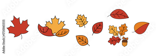 A collection of colorful autumn leaves scattered across a surface, evoking a sense of seasonal transition. The image captures the natural beauty of fall with various leaf shapes and hues