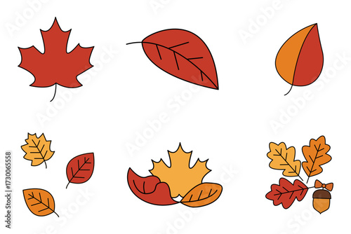 An illustration of colorful autumn leaves, including various shapes and sizes. This artwork evokes the essence of the fall season