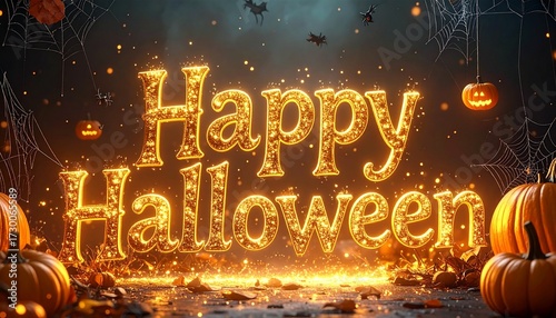 Glowing Happy Halloween text surrounded by jack-o-lanterns and spider webs in a spooky night scene