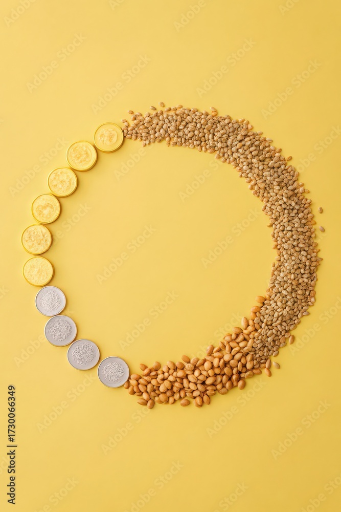 Obraz premium Creative circular arrangement of yellow and silver coins with wheat grains on yellow background, symbolizing agriculture, harvest and economic sustainability