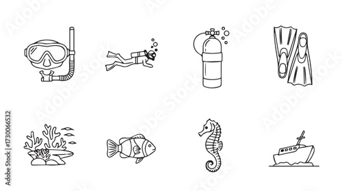 Set of hand drawn underwater life and equipment icons for sea adventure and diving vector