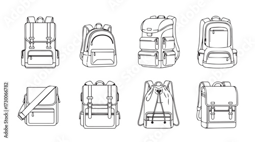 Collection of backpack designs sketch style set diverse bag types for travel and outdoor adventures vector