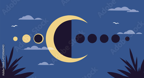 Abstract astronomical illustration of a solar eclipse with celestial bodies and silhouetted foliage against a dark night sky