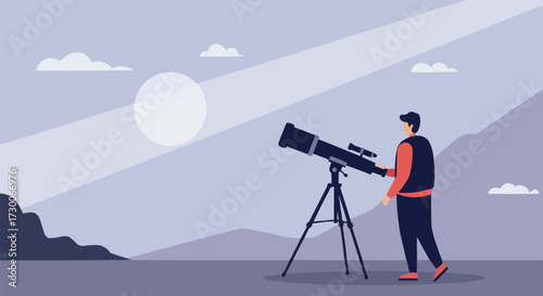 Person looking through a telescope at a celestial body in a vast, serene landscape