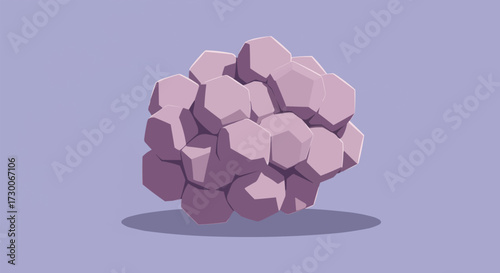 Contemporary minimalist illustration featuring a volumetric mass of interconnected hexagonal forms, suggesting themes of growth, unity, and biological or mineral compositions