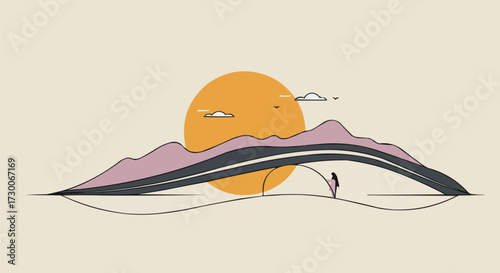 Abstract minimalist illustration of a serene sunset over mountains with a solitary figure walking