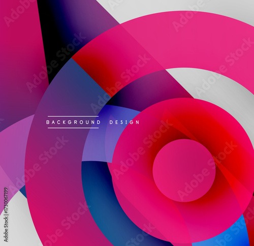 Abstract circles overlap, creating vibrant gradients. Pink, purple, blue hues dominate design. Modern, dynamic composition.