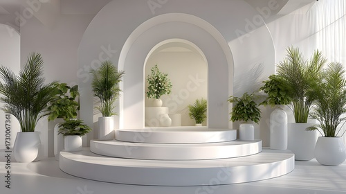 Bright Arch Interior with Plants and White Round Tiered Podium