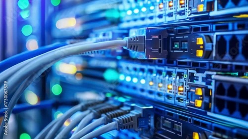 High tech data center glowing servers and connected cables powering futuristic it infrastructure cloud computing and secure digital network systems