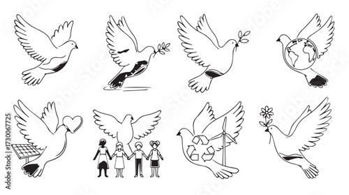 Set of dove silhouettes and symbolic elements for peace and hope vector