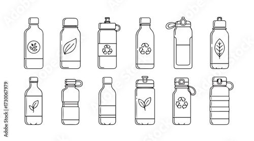Collection of hand-drawn water bottles and drink containers with various designs and lids vector