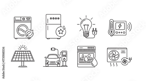 Sustainable home technology icons for energy efficiency and eco-friendly living concepts vector