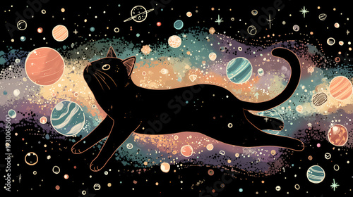Black cat floating in space among planets and stars