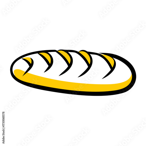 A hand-drawn doodle-style icon of a baguette or loaf of bread with a yellow accent, suitable for bakery, food, restaurant, or grocery websites/blogs, or apps.
