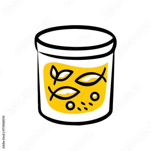 Simple cartoon icon of a transparent jar/container filled with yellow liquid, containing outlines of fish and leaves (Omega-3/fish oil). Good for health blogs, nutrition sites, supplement advertising