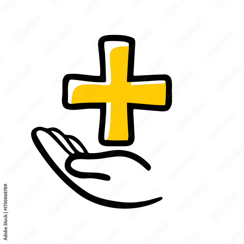 Obraz premium A hand cradling a yellow medical cross icon, drawn in a simple, sketchy style. Ideal for websites or blogs about health, first aid, care, support, or charity.