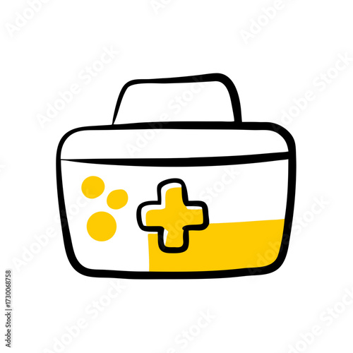 Simple cartoon icon of a first aid kit or medical box with a cross symbol. Suitable for health and safety websites, emergency services, or insurance blogs.

