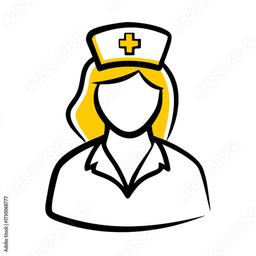 An outline icon of a female medical professional wearing a nurse hat with a cross, in a sketchy style. Suitable for websites or blogs covering healthcare, staffing, medical careers, or hospital servic