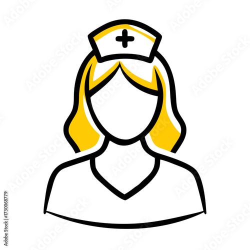 An outline icon of a female medical professional wearing a nurse hat with a cross, in a sketchy style. Suitable for websites or blogs covering healthcare, staffing, medical careers, or hospital servic