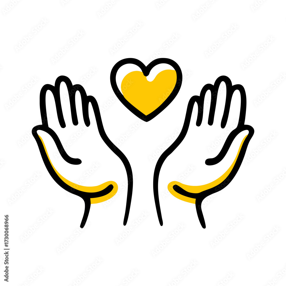 Obraz premium A minimalist line-art icon depicting two open hands raising a yellow heart, perfect for websites/blogs on charity, healthcare, community, or customer support sections.