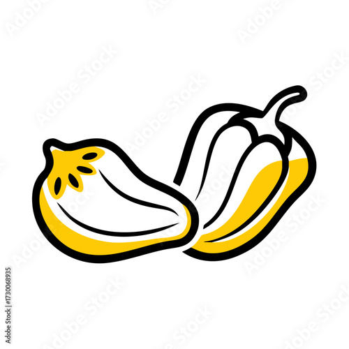 A simple two-tone vector icon depicting two white and yellow bell peppers, suitable for websites or blogs about cooking, recipes, groceries, or healthy eating.

