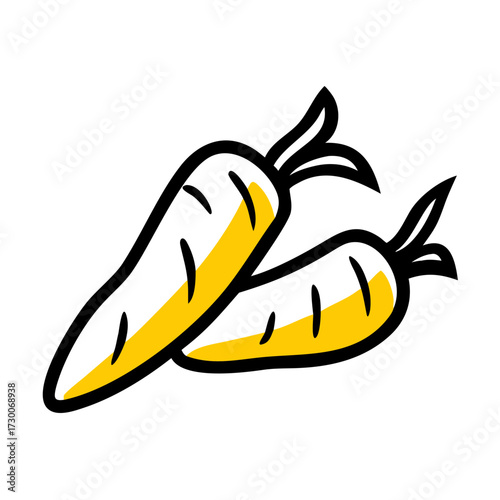 A sketchy icon featuring two yellow carrots with tops. Excellent for websites or blogs focused on healthy eating, vegetarianism, farming, gardening, supermarkets, or cooking recipes.

