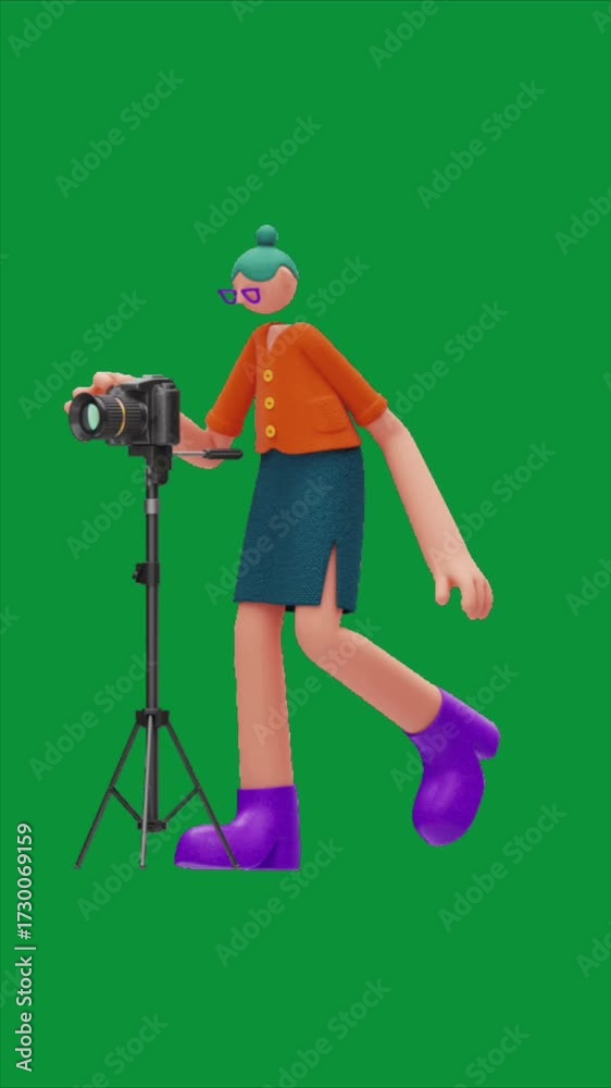 Karakter 3D Bergaya Fotografer Menyesuaikan Kamera di Tripod (Loop Layar Hijau)
