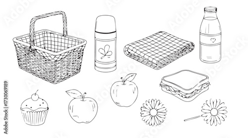 Hand drawn sketch objects for relaxation and self care picnic basket perfume skincare and flowers vector