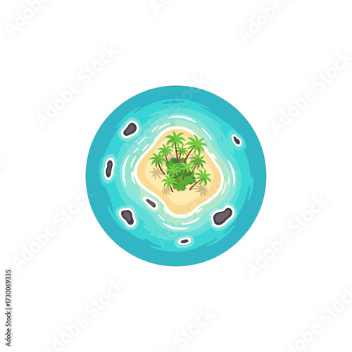 An aerial view of a tropical island with palm trees, surrounded by turquoise water and small rocks.