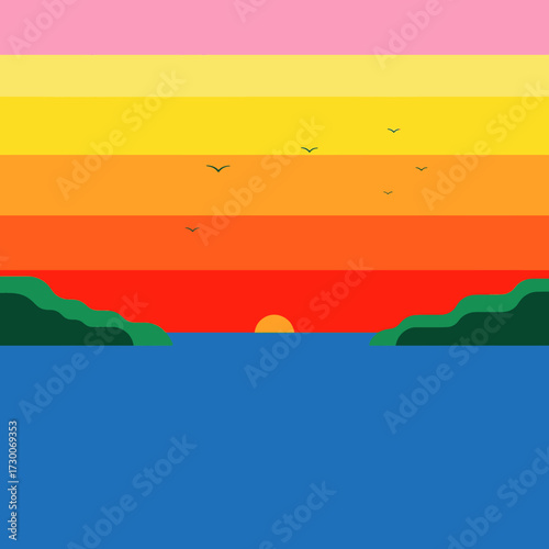 A minimalist graphic illustration of a vibrant, colorful sunset over the ocean between two green hills with birds flying.