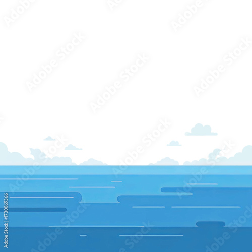 A minimalist flat design illustration of a calm blue ocean with a clear horizon and subtle clouds in a bright sky.