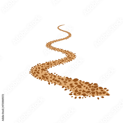 Illustration of a winding path made of small, brown, pebble-like objects, leading upwards.