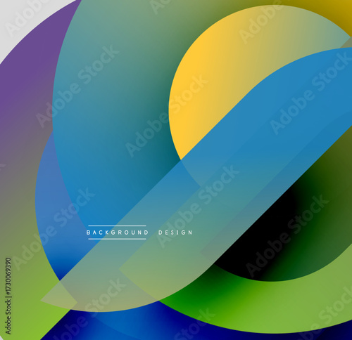 Abstract colorful shapes overlap creating dynamic visual effect. Gradient hues blend smoothly, forming modern design.