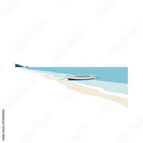 Illustration of a boat on a beach with blue water and sand.