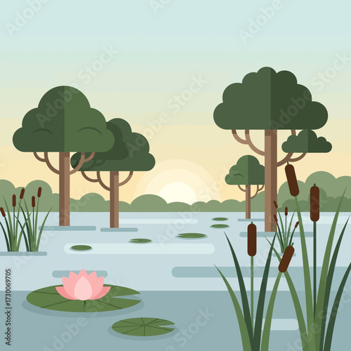 Flat illustration of a serene wetland scene with trees, water, and a setting sun.