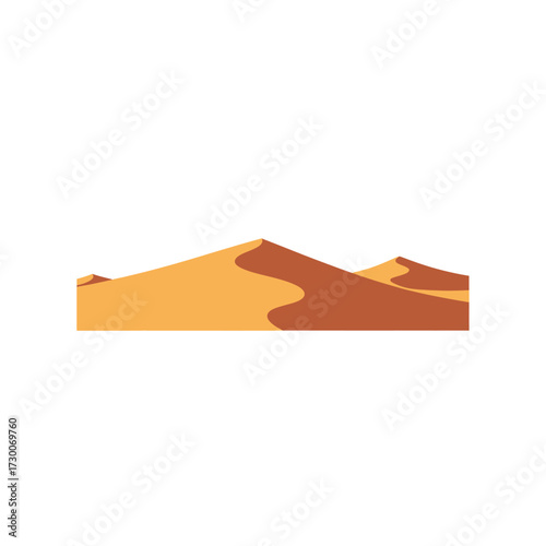 A stylized illustration of rolling sand dunes under a bright sky, representing a desert landscape.