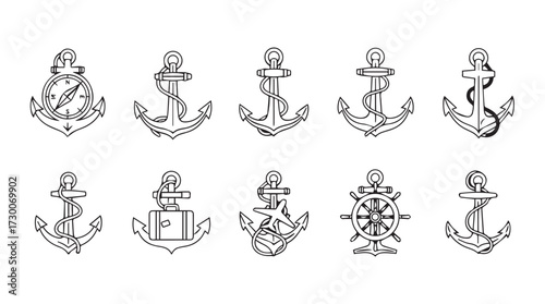 Collection of nautical anchor designs in sketch style for maritime themes vector
