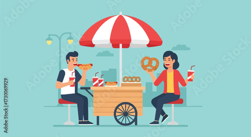 Adobe illustrator artwork vector illustration: Happy couple enjoys hot dogs and pretzels at a street food stand in the city, perfect for urban lifestyle and casual dining themes