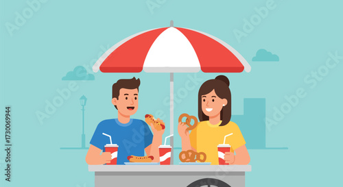 Adobe illustrator artwork vector illustration: Happy couple enjoys hot dogs and pretzels at a street food stand in the city, perfect for urban lifestyle and casual dining themes