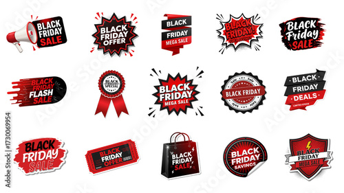Black Friday Sale , Offer Sticker Set - Vector Stickers, Labels, and Promo Icons for Shopping Discounts